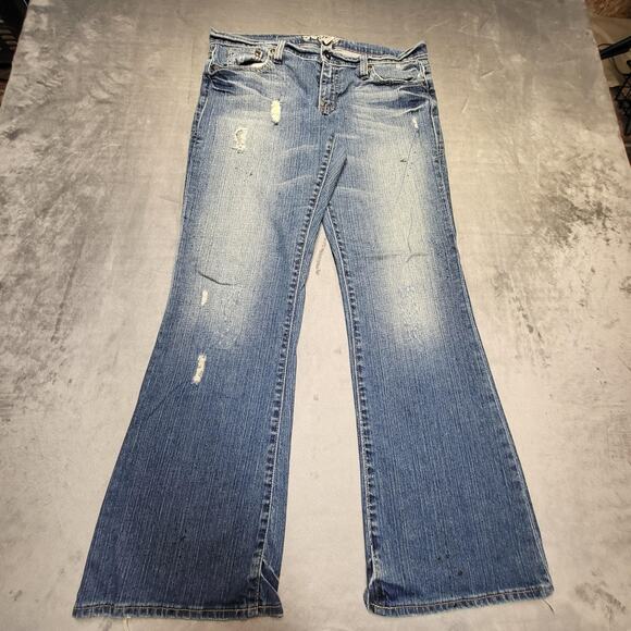 Old Navy Jeans Womens 8 Blue Flare Low Rise Distressed Stretch Paint Splatter - Picture 1 of 12